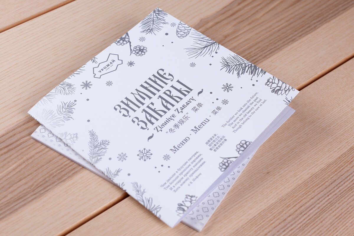 Брошюра на скрепке, ламинация Soft Touch и шелкография серебром по картонной обложке, матовая ламинация страниц.