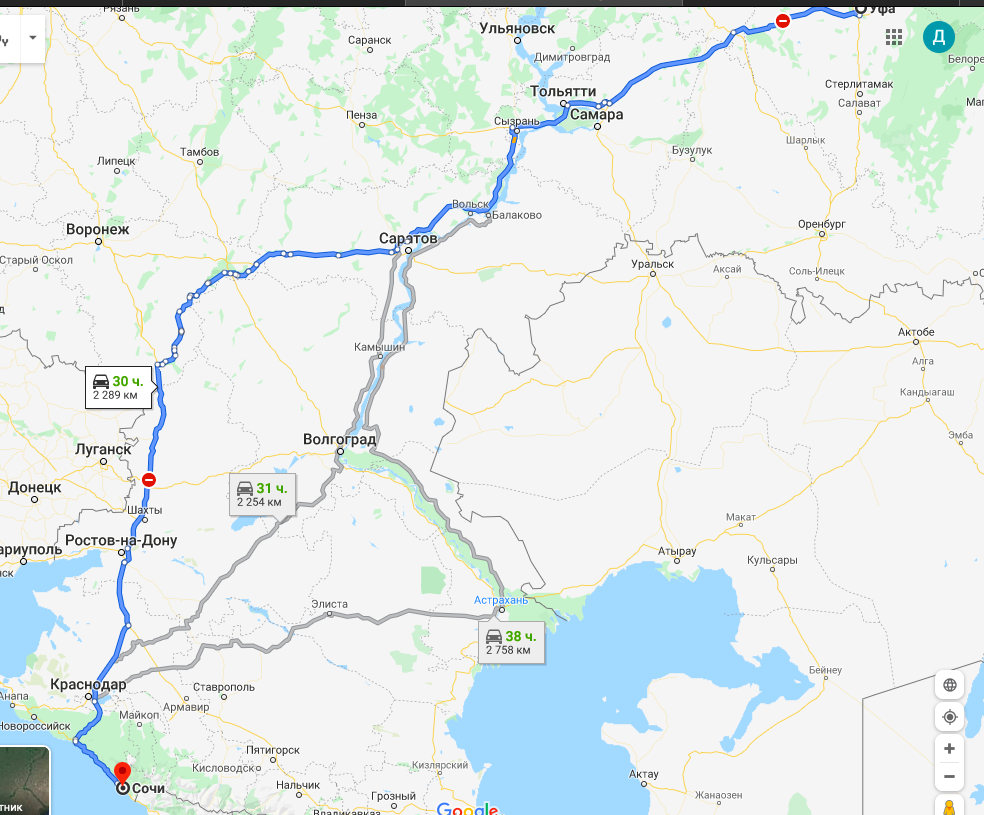 Уфа-Сочи. Скрин из карты Google