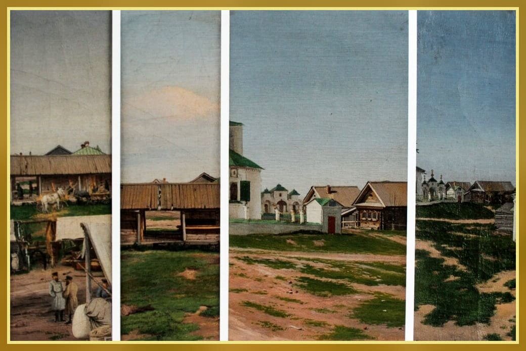 Климанов М.С. (1850-1909) картины: Купцовы лавки в Палехе в базарный день; Купцовы лавки в Палехе не в базарный день; Уголок Палеха; Уголок Палеха. начало XX в.