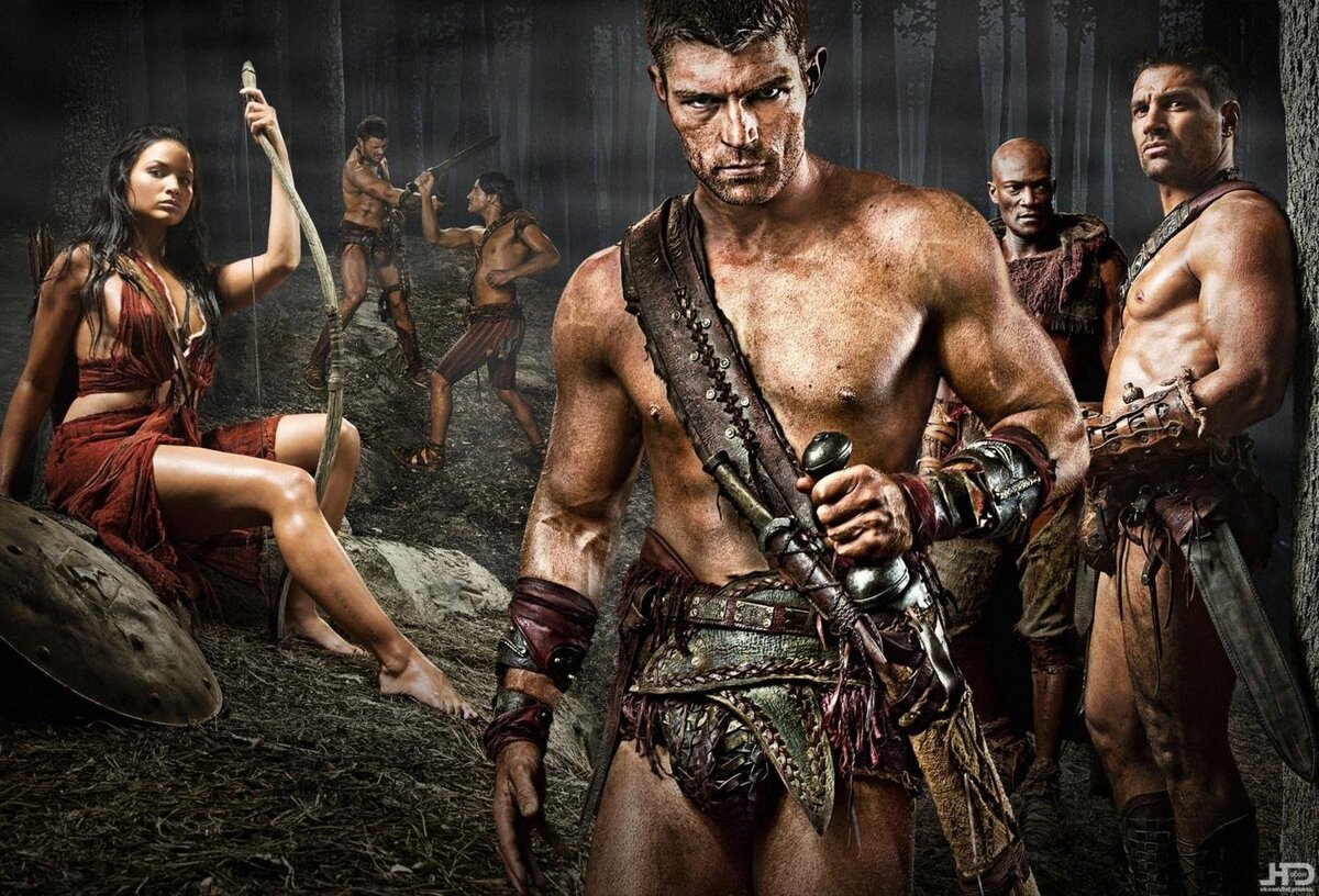 Банда беглых рабов, скрывающихся в лесу. Постер сериала «Спартак».