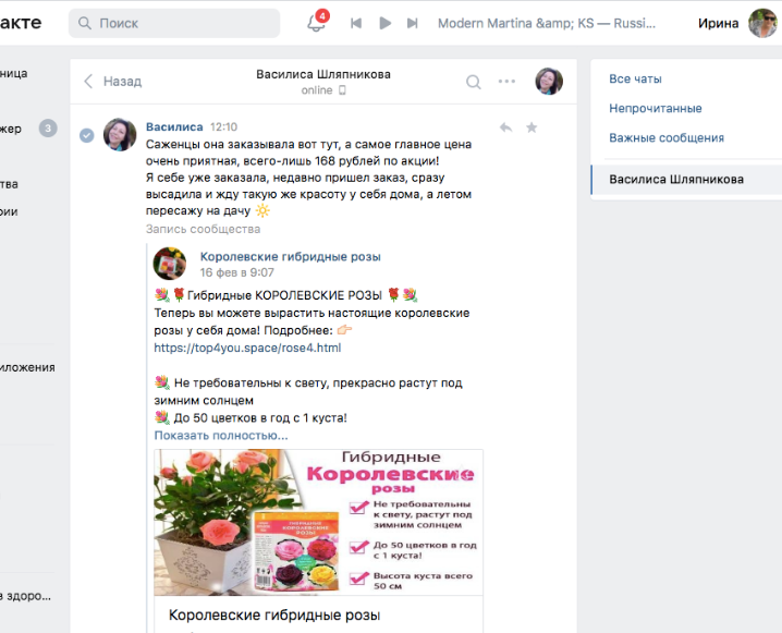 Скриншот переписки в ВКонтакте