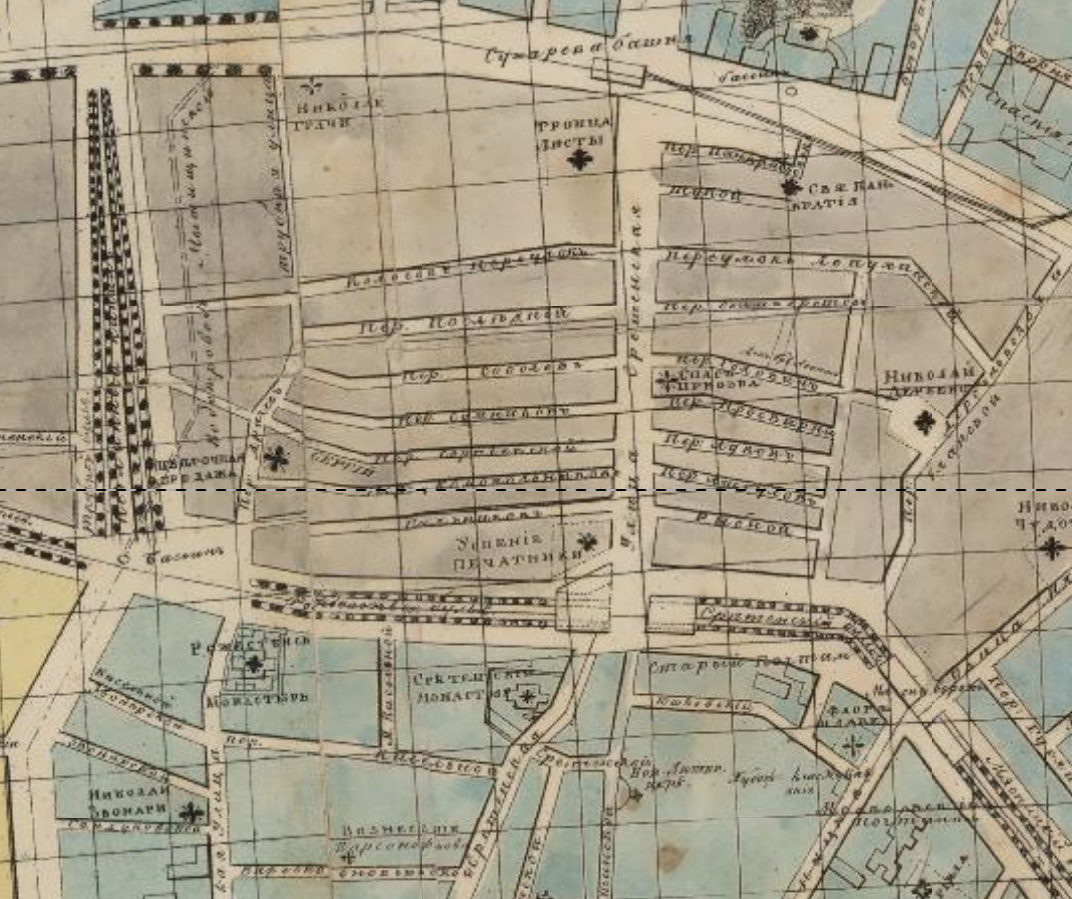 План Москвы 1853 года указывает, что в те времена переулок именовался Последним. Название Мясной можно встретить на картах начиная с середины 1870-х годов. С сайта www.retromap.ru.