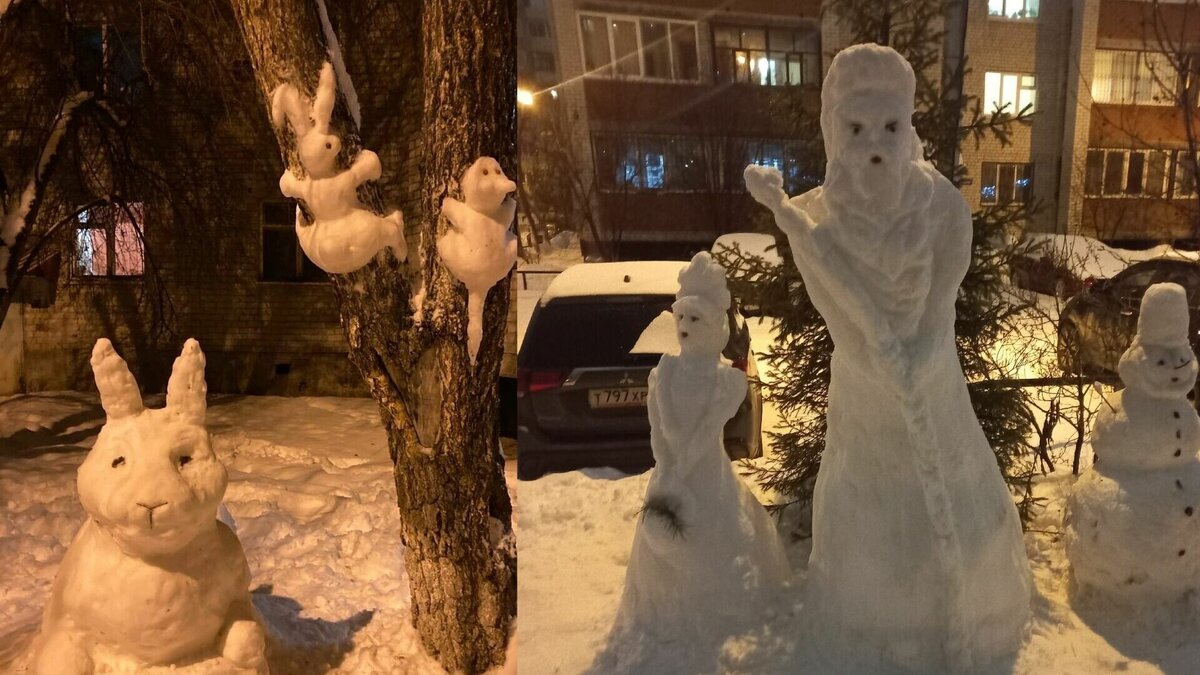     Во дворах областной столицы появляется всё больше снеговиков и других фигур. За последние сутки дети и их родители слепили зайцев, снегурочек, и снежные замки. Скоро Новый год, тюменцы делятся праздничным настроением.