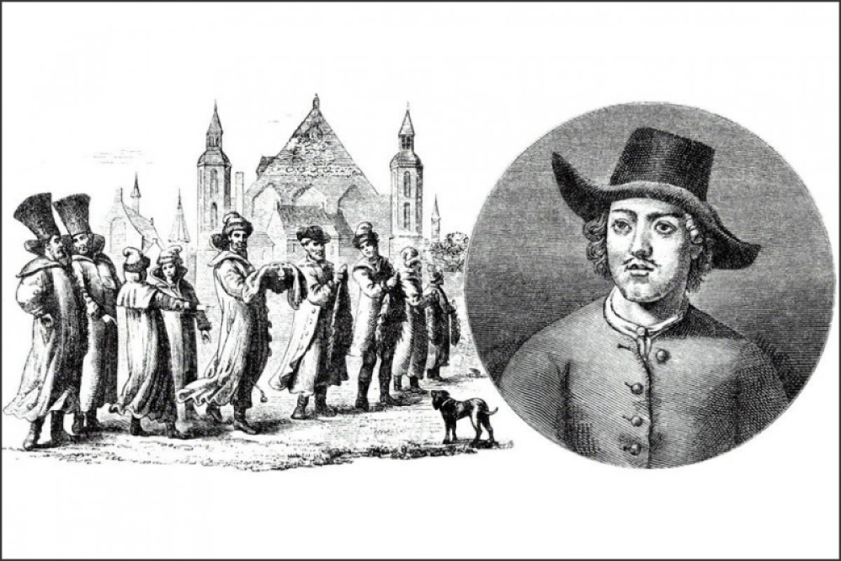    Великое посольство Петра I в Европу (1697-98 гг.). Справа портрет Петра в одежде матроса во время его пребывания в голландском Саардаме (Саандаме). Гравюра Маркуса, 1699.