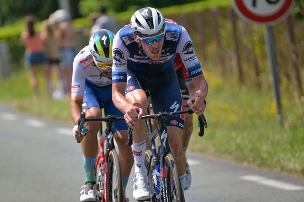 Limoges — France — cycling — Anthony Delaplace Team Arkea Samsic — Tim Declercq Team Soudal QuickStep — Anthony Turgis Team TotalEnergies pictured during 110th Tour de France (2.UWT) — stage 8 from Libourne to Limoges (200.7km) — Photo: Szymon Gruchalski / Cor Vos © 2023  📷
