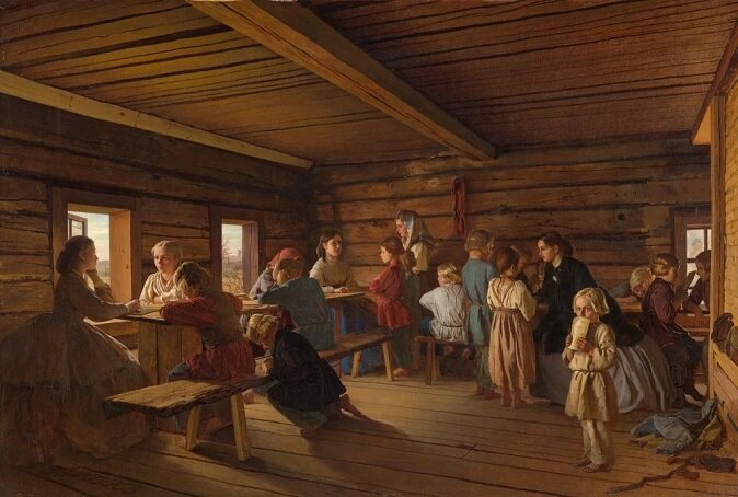 Александр Морозов. Сельская бесплатная школа. 1865. Холст, масло. 54,3 х 78,8. Государственная Третьяковская галерея