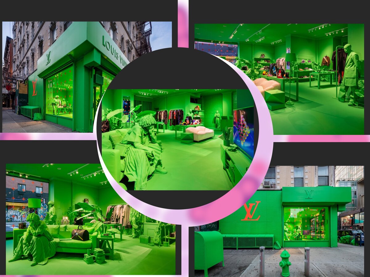 Временный бутик в Нью-Йорке полон зелени, зеленых фигур и ярких товаров.