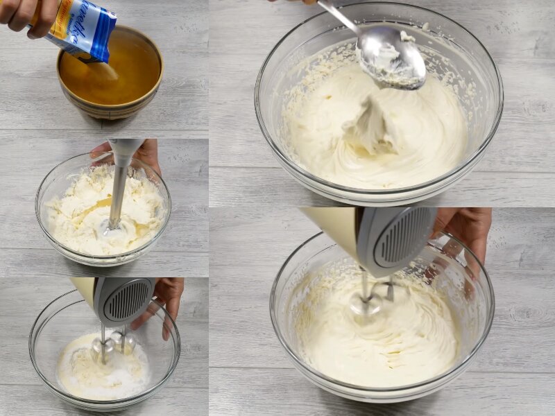 Растворите лимонное желе в горячей воде и дайте  остыть до комнатной температуры. Творог взбейте до состояния крема, а  сметану вспеньте блендером с сахарной пудрой и ванильным сахаром. Затем  по ложке добавьте в сметану творог и взбейте всё вместе в однородную  пышную массу.  