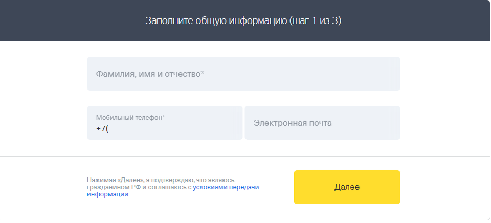 Заполняем ФИО, мобильный, электронную почту.