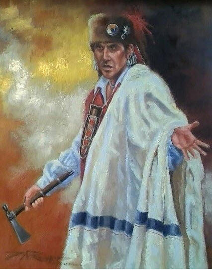 Худ. Джефф Прехтель. "Речь капитана Гёрти" призывающего индейцев вырыть топор войны. Ошибка художника заключается в названии, Гёрти никогда не был капитаном