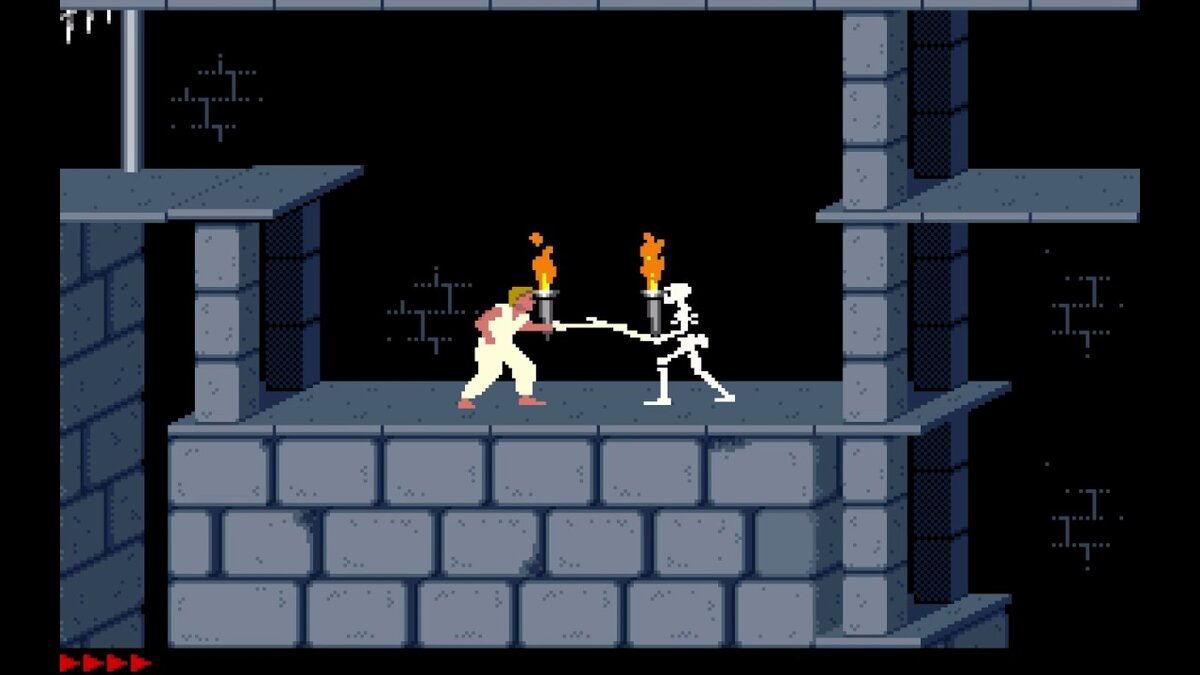 Prince of Persia, бой со скелетом. У скелета нет жизней - его нельзя убить. Можно только сбросить вниз. Ирония в том, что потом нам снова надо туда же - вниз, к выходу...