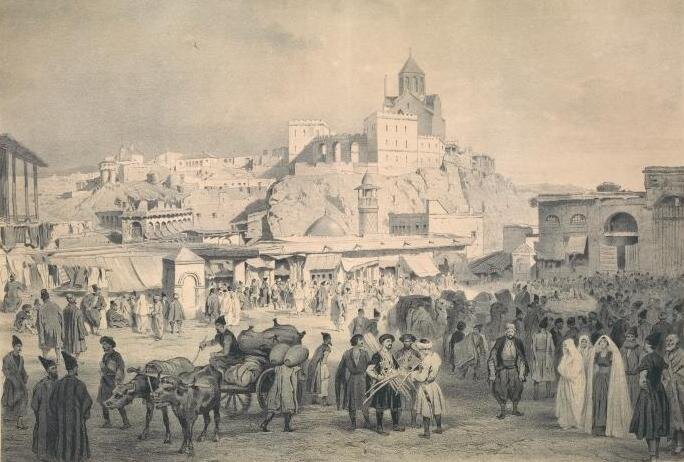 Рисунок Григория Гагарина "Татарский майдан". Тбилиси, середина XIX века. В центре виден минарет и купол Голубой мечети