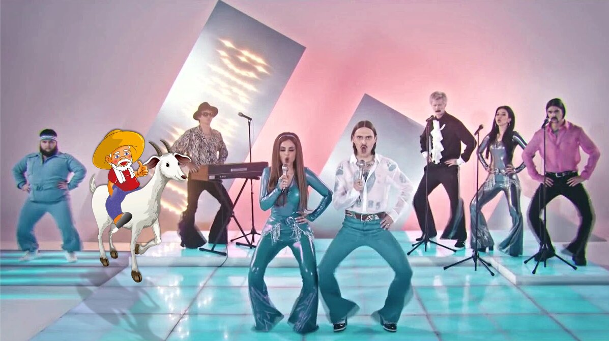 Коллаж на тему рассказа про Евровидение, Little Big, и меня с козой Машкой.