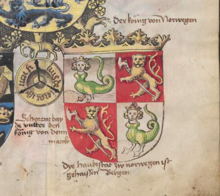 Герб Норвегии в Гербовнике Конрада Грюненберга, 1480 г.  Bayerische Staatsbibliothek  -  https://daten.digitale-sammlungen.de/