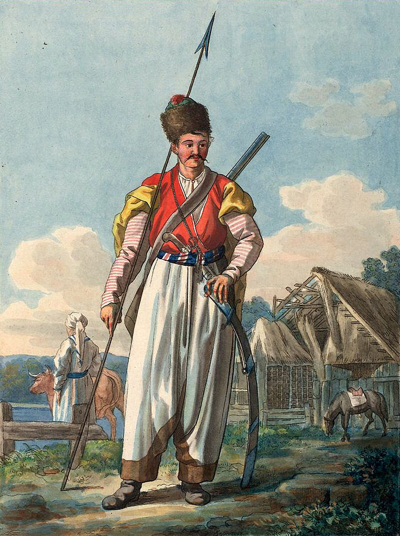 Черноморский казак в 1812 году (Корнеев М. Народы России, или Описание обычаев, нравов и костюмов разных народов Российской империи. Париж, 1812 - 1813).