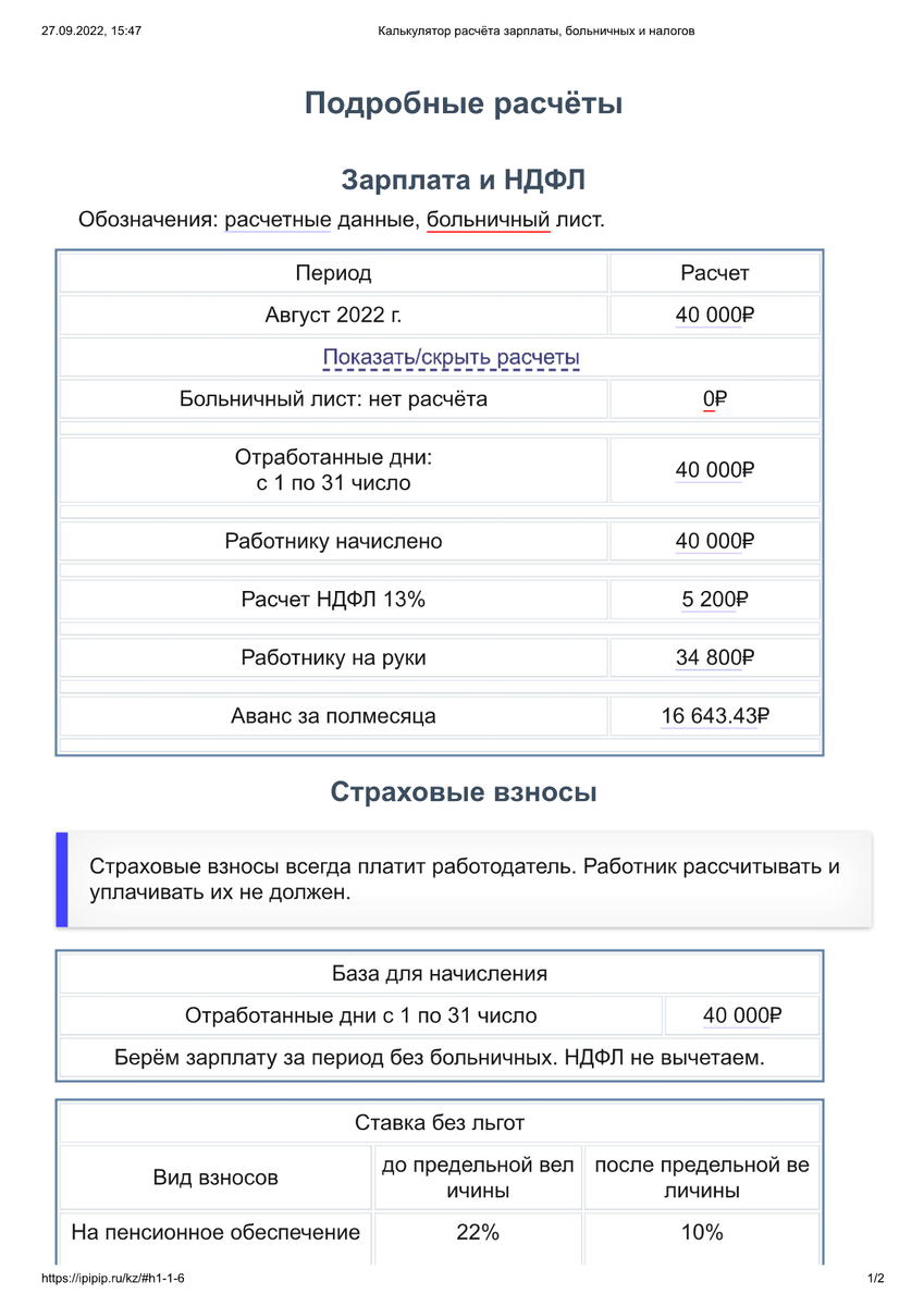 Расчеты для оклада 40 000 р