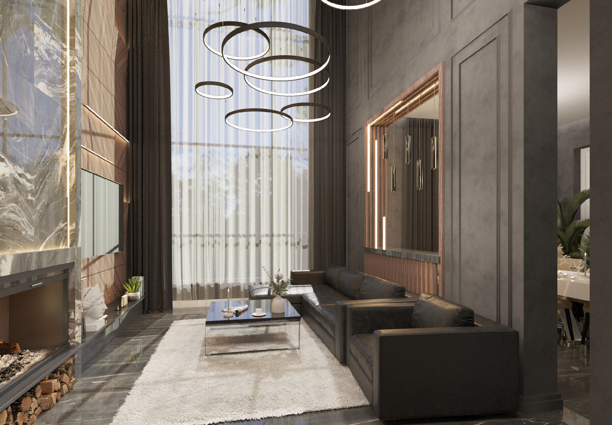 Дизайн интерьера гостиной в загородном доме "Дымчатый Кварц" от архитектурного бюро DSK