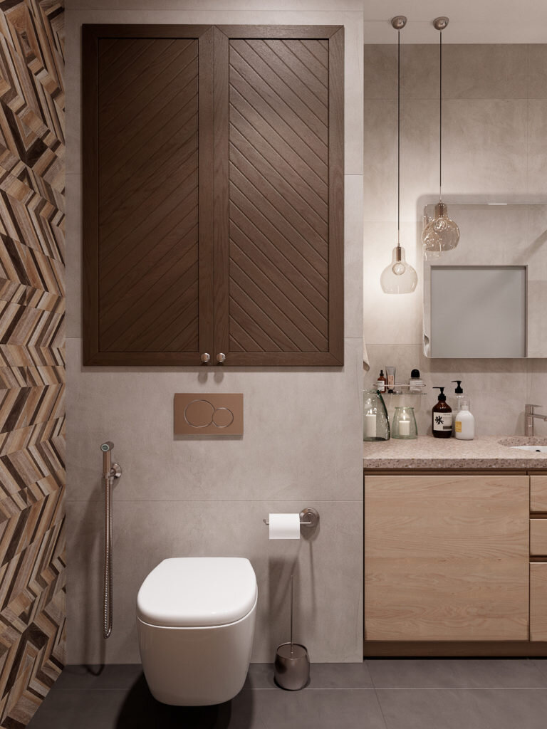 Зеленый, серый и много дерева. Современный интерьер трехкомнатная квартиры