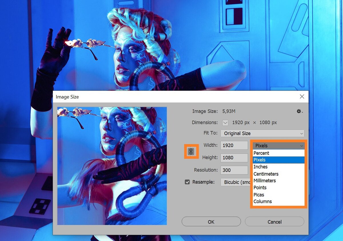    Нажмите на скрепку между высотой и шириной — она отвечает за то, чтобы картинка увеличивалась или уменьшалась пропорционально / Скриншот: Елизавета Чечевица