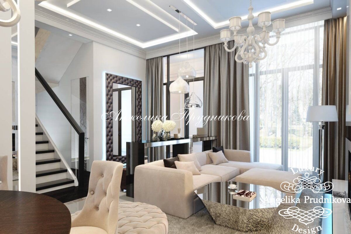 На фото: Двухуровневая квартира на Воробьевых горах в Москве. Фото первого этажа с панорамными окнами