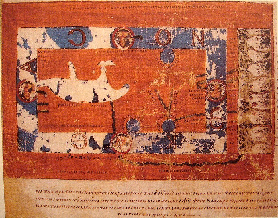 Карта мира из "Христианской топографии". Светлое пятно в центре -- Средиземное море, синий кружок наверху -- край Каспийского моря, аналогичный внизу -- Персидский залив. Но самое интересное справа за проливом: это Рай. Земной!