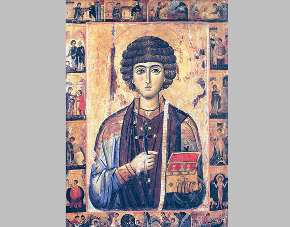 Вмч. Пантелеимон в житии. Икона, Синай, начало XIII в.; Синай, Монастырь св. Екатерины. Самая ранняя сохранившаяся икона с клеймами житийных сцен. На левом плече узкая лента, напоминающая диаконский орарь