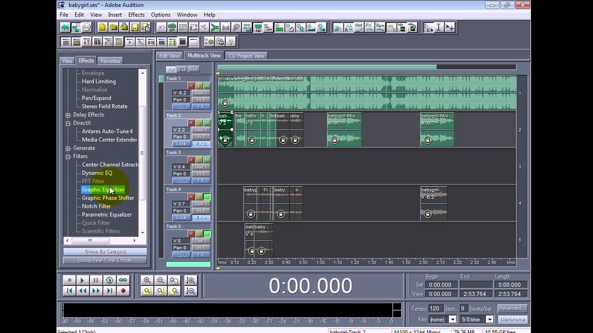 Adobe Audition 1.5 - основной рабочий экран. Самая нетребовательная DAW-программа
