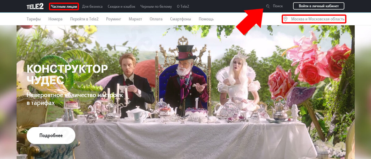 Раздел для частных лиц и опция выбора региона на сайте tele2.ru. Поисковая строка 