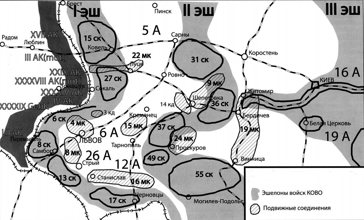 Схема дислокации механизированных корпусов КОВО на утро 22 июня 1941 года