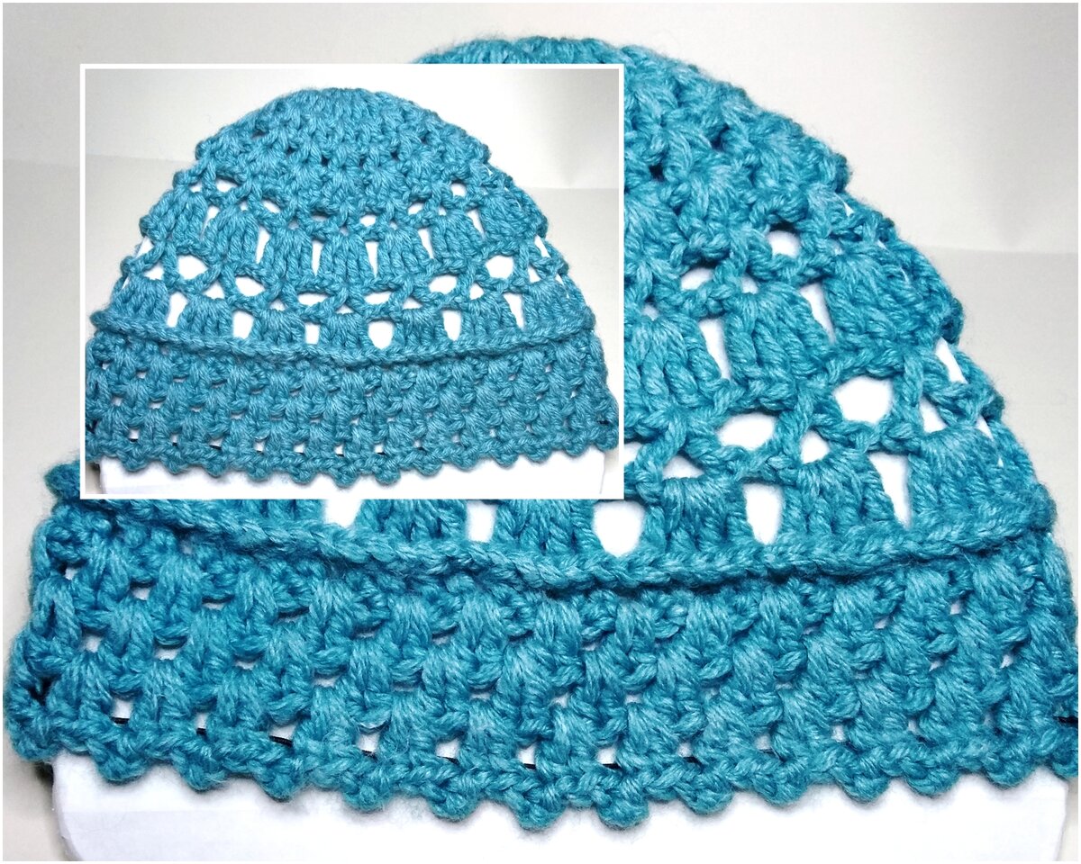Ажурная бирюзовая шапочка, связанная крючком