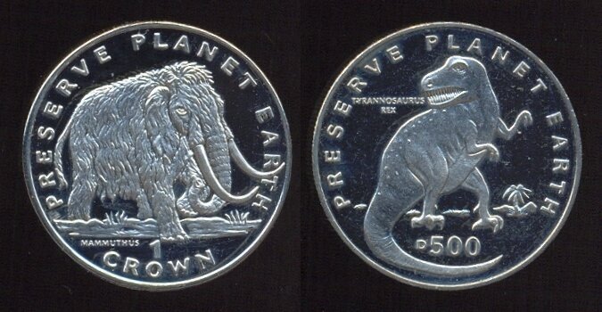 Слева от читателя - мамонт (он же шерстистый слон) на монете острова Мэн 1994 года, справа - тираннозавр на монете Боснии и Герцеговины 1993 года выпуска (экспонаты из собрания автора)