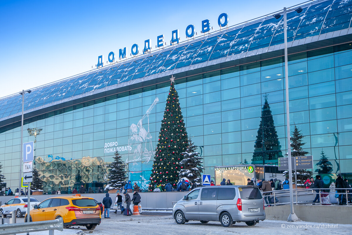 Новогодняя красавица встречает уже у входа. Ёлка красиво отражается в стеклах фасада, а на звезду смотрит Михаил Ломоносов, имя которого носит аэропорт Домодедово