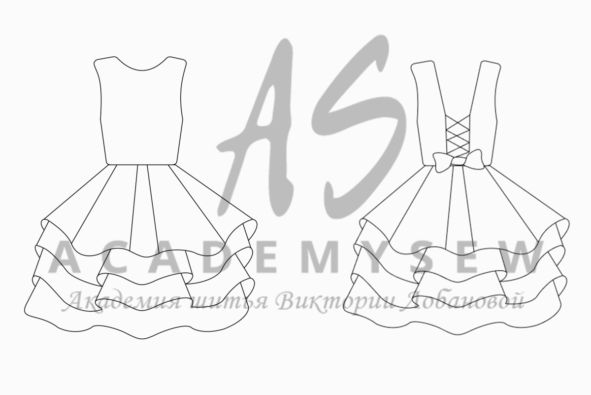 Технический рисунок детского нарядного платья с рядами рюш