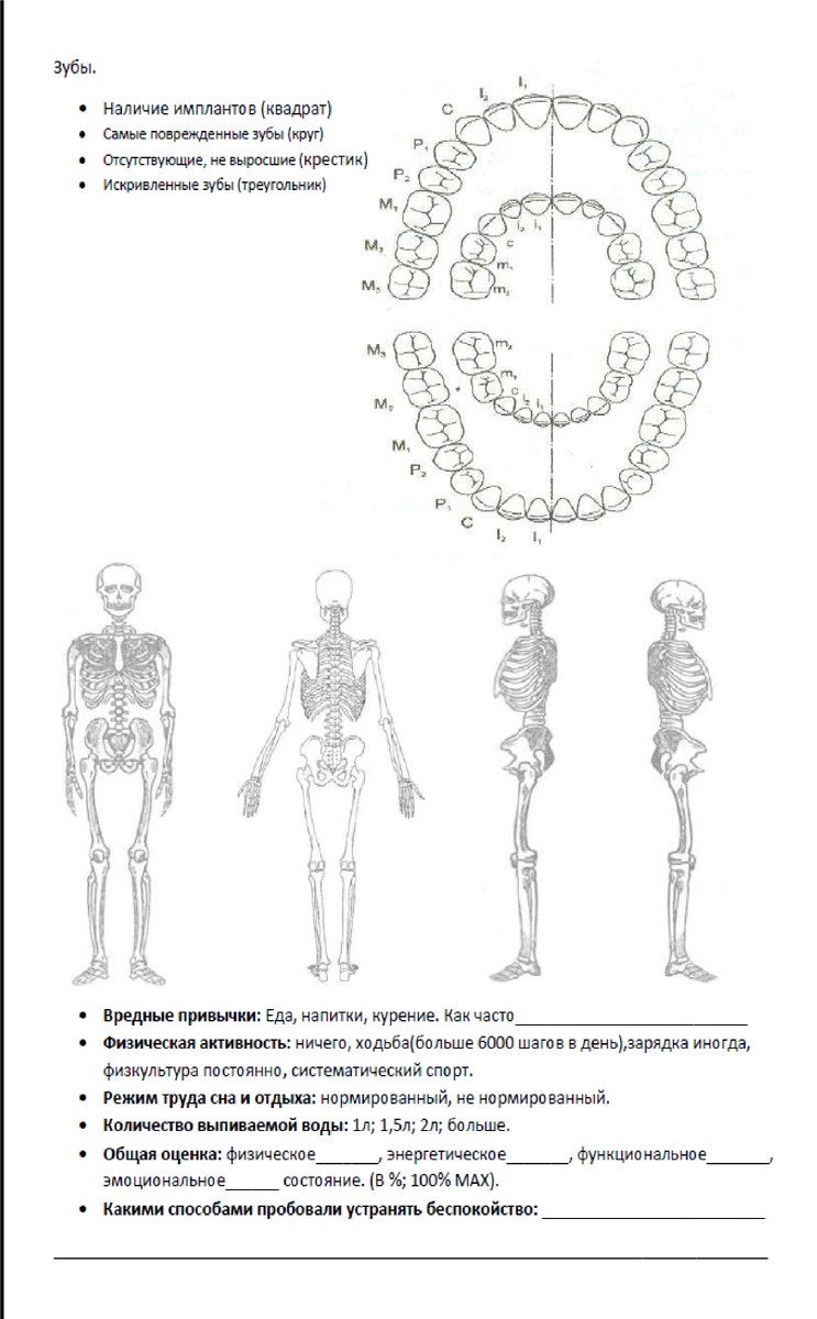 На этих изображениях вы видите анкету которую я создал для клиентов, это далеко не все что желательно знать и учесть для выявления истинных причин болей в том или ином месте нашего тела, будь то шея, колено, поясница или пальцы рук.
