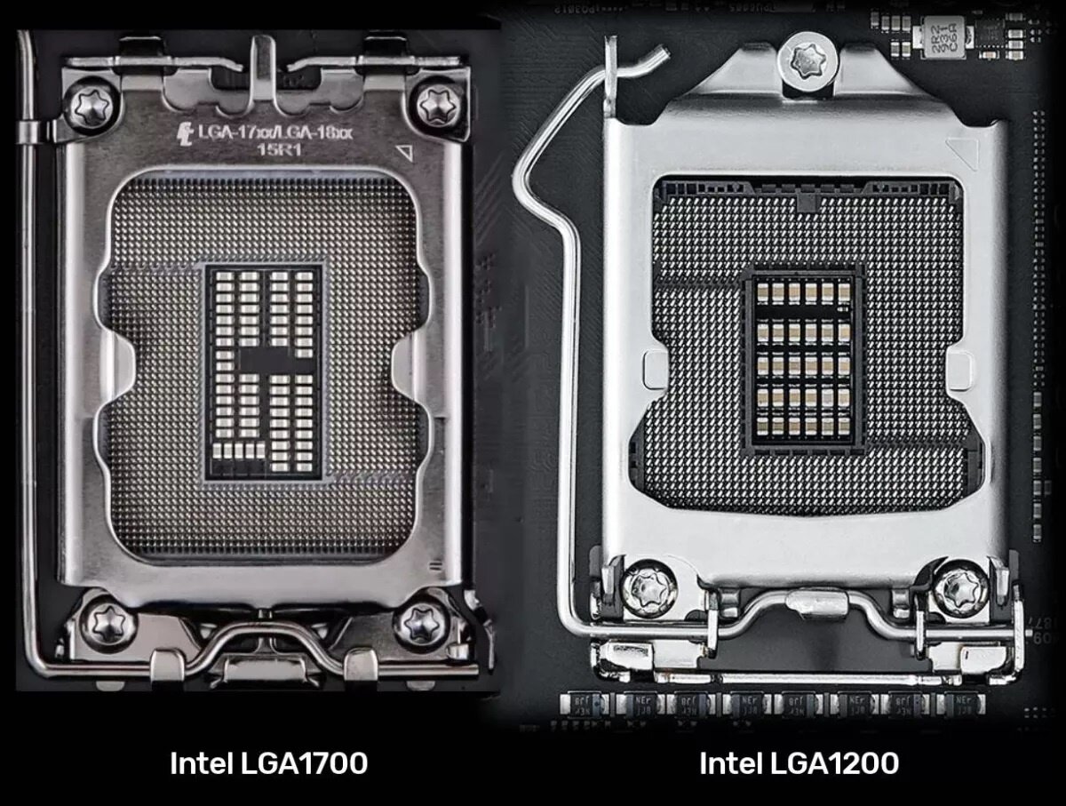    Разъём LGA 1700 и разъём LGA 1200 отличаются по размеру и количеству контактов (1700 и 1200 соответственно). Источник: tomshardware.com