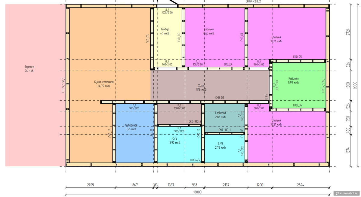 Размер дома 8х13, размер террасы 8х3. Общая площадь: 128 м2