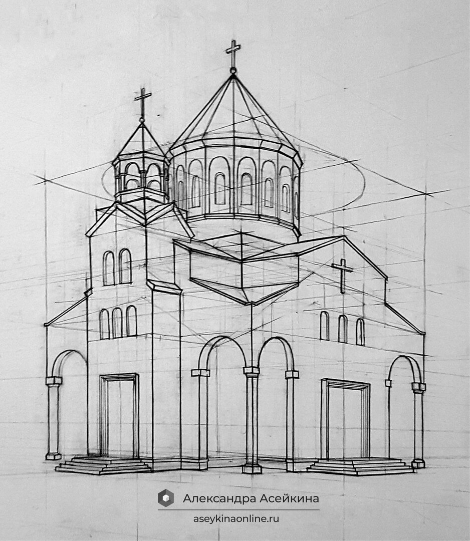 Несложная церковь, нарисованная по знаниям азов композиции