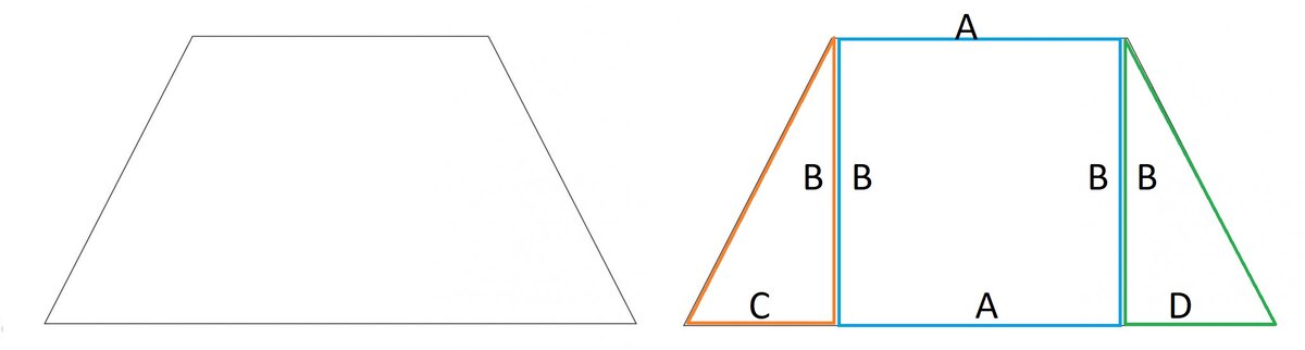 Слева трапеция. Справа трапеция с выделенными в нем прямоугольными треугольниками и прямоугольником.