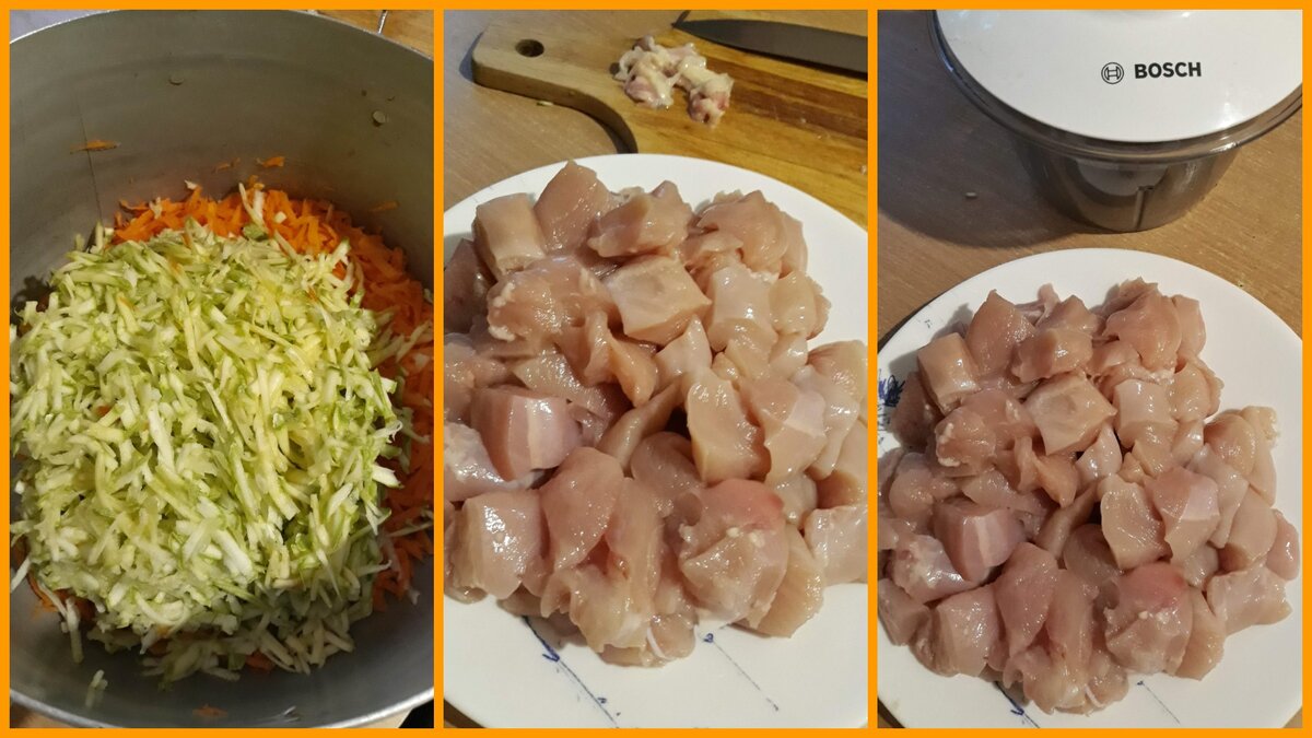 Нарезанная куриная грудка, приготовлена для измельчения. Натертые на крупной терке кабачки и морковь.