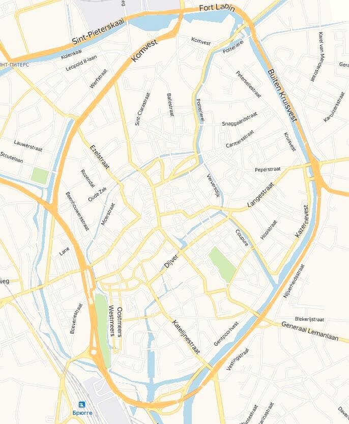 Фрагмент Яндекс-карт. Здесь хорошо видно «яйцо» Брюгге, внутри которого хорошо сохранился старый город