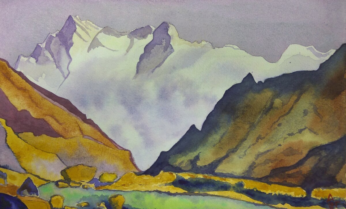 Ученическая копия работы Н. К. Рериха, бумага Saunders Waterford, краски Невская палитра, автор А. С. Глотов