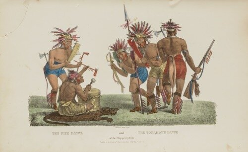 The Pipe Dance and the Tomahawk Dance of the Chippeway Tribe, from The Aboriginal Portfolio, автор - James Otto Lewis(1799-1858), ок. 1835 