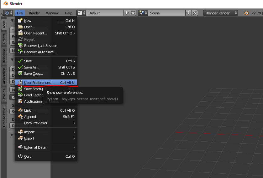 Выбираем File->User Preferences