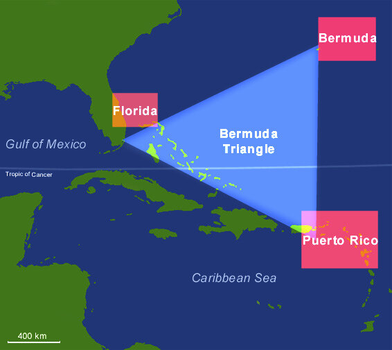 Бермудский треугольник находится в Атлантическом океане между Флоридой, Пуэрто-Рико и  Бермудами (бермудскими островами). 