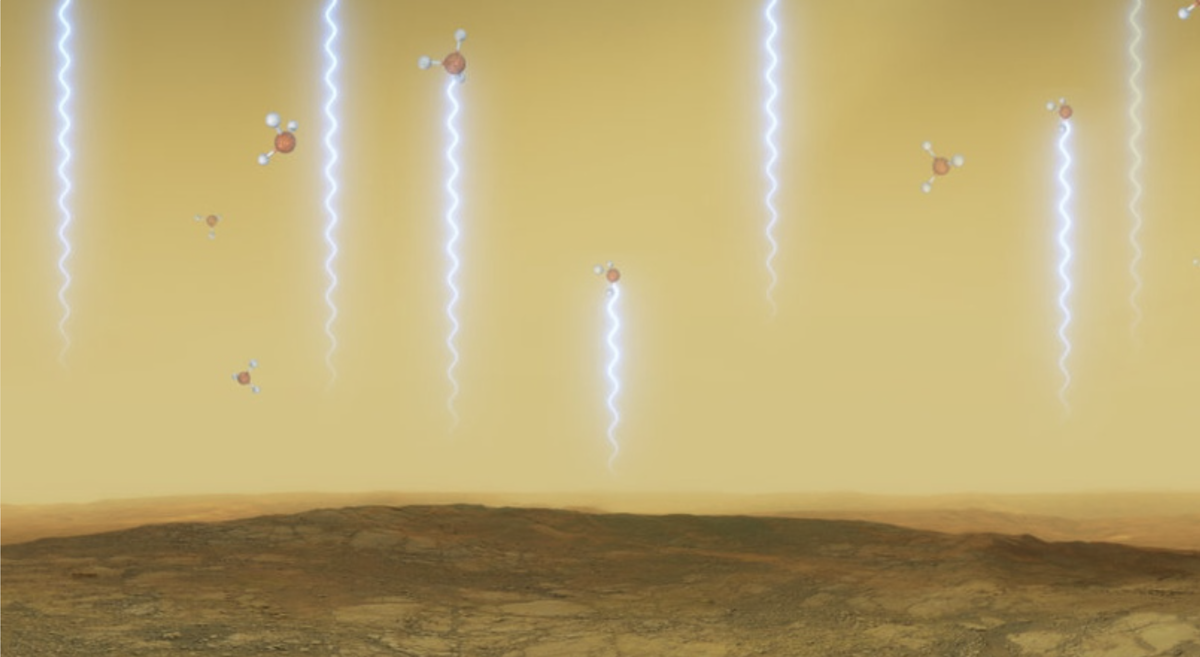 Эта художественная иллюстрация изображает венерианскую поверхность и атмосферу, а также молекулы фосфина. Эти молекулы плавают в продуваемых ветром облаках Венеры на высотах от 55 до 80 км, поглощая часть миллиметровых волн, которые образуются на более низких высотах. Они были обнаружены в высоких облаках Венеры благодаря телескопу Джеймса Клерка Максвелла и большой миллиметровой/субмиллиметровой антенне Атакама.