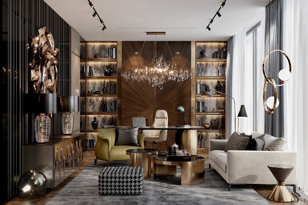 Диван Minotti, кожаные кресла Poltrona Frau и журнальные столики Eichholtz создают зону для общения