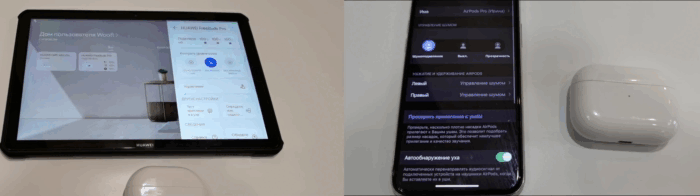 Huawei FreeBuds слева, Apple AirPods - справа.