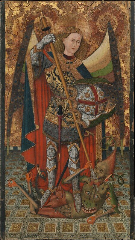 Архангел Михаил, 1450-1500. Мастер из Бельмонте, Испания / Saint Michael, 1450-1500, North Spanish. Artist: Master of Belmonte (Spanish, Aragon, active ca. 1460-90). Tempera and oil on wood. 217.2 x 119.4 cm. Accession Number: 55.120.2. From the high altar of the parish church of San Miguel, Belmonte. The Metropolitan Museum of Art.