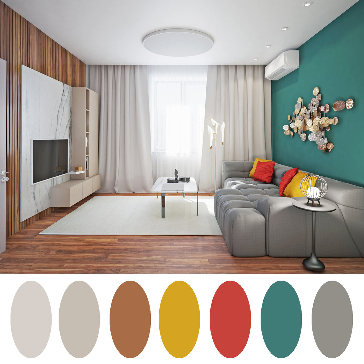 Серо-изумрудная стена гостиной и красно-оранжевые и жёлтые подушки акцентируют серый диван (3-d фото авторов).