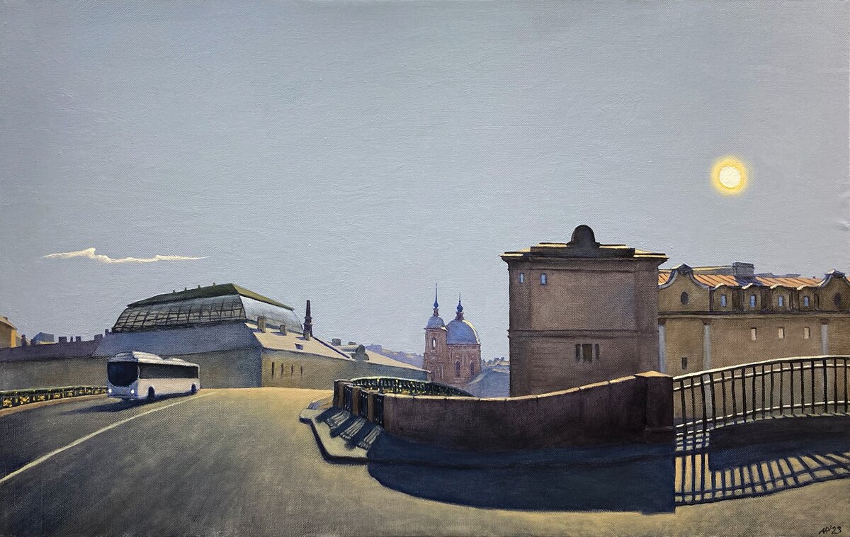 © Рубен Монахов. Белый автобус. Белый автобус. Такое бывает, что в разгар белой ночи нежданно, негаданно движется шальной автобус... - М.Л.